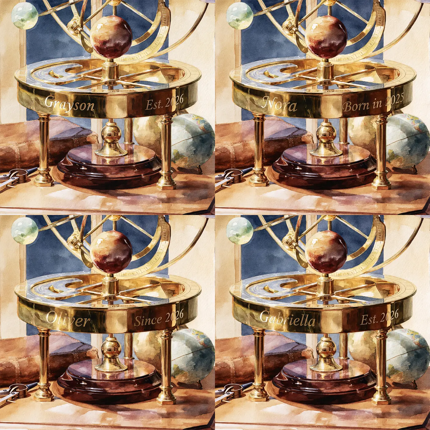 Four name preview examples of Orrery Keepsake Personalized Wall Mural by Whimsy Tots