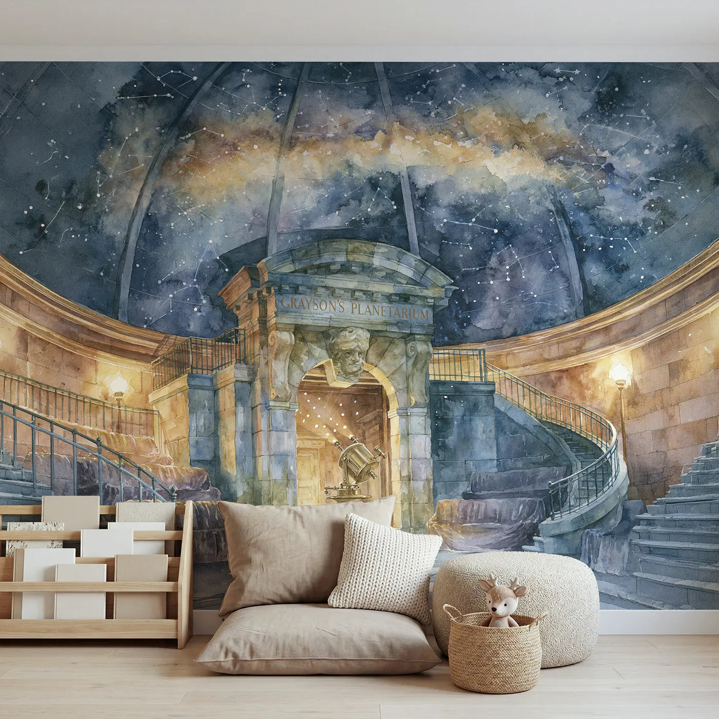 Watercolor planetarium dome personalized wall mural with engraved arch keystone by Whimsy Tots