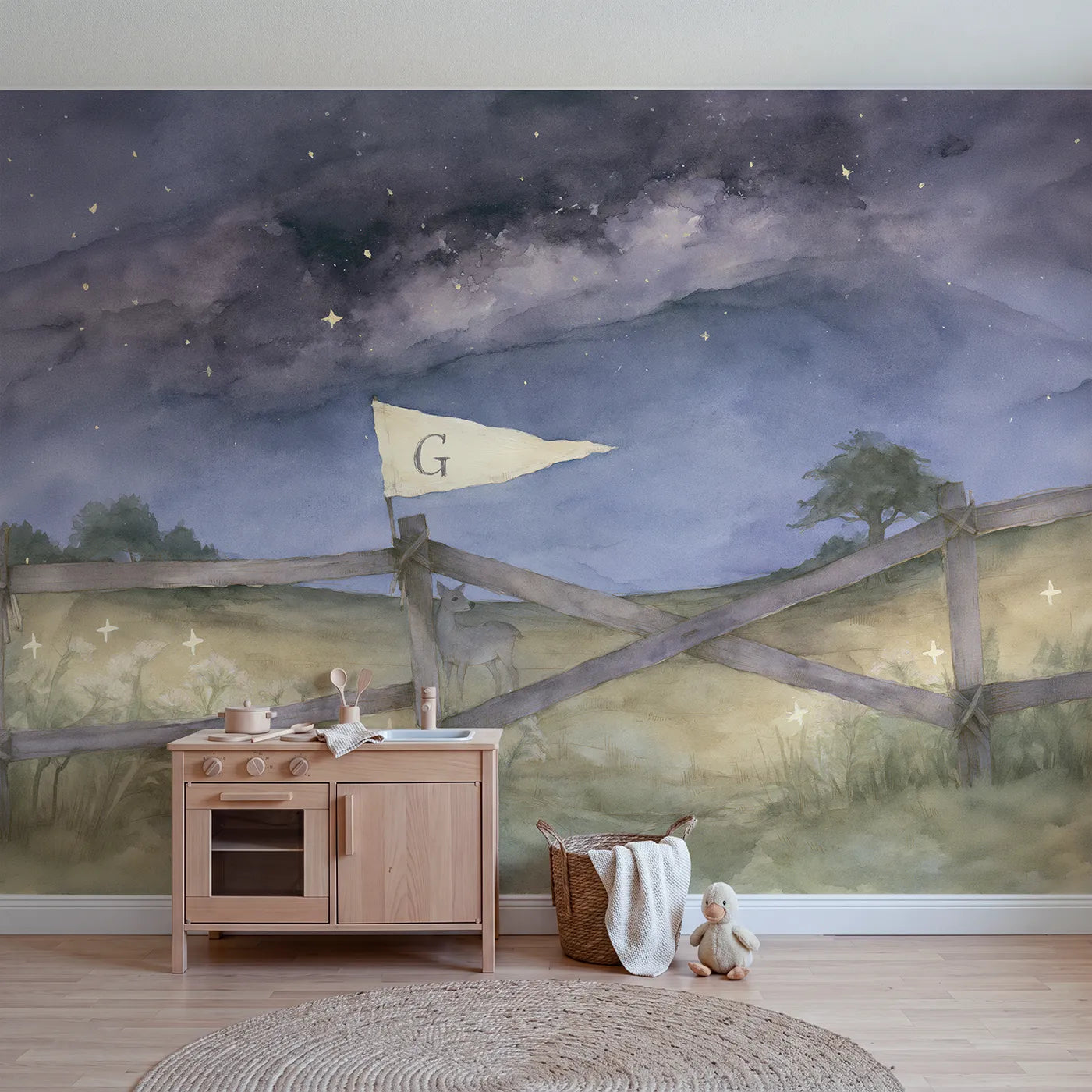 Watercolor milky way meadow personalized wall mural with initial mown into grass by Whimsy Tots
