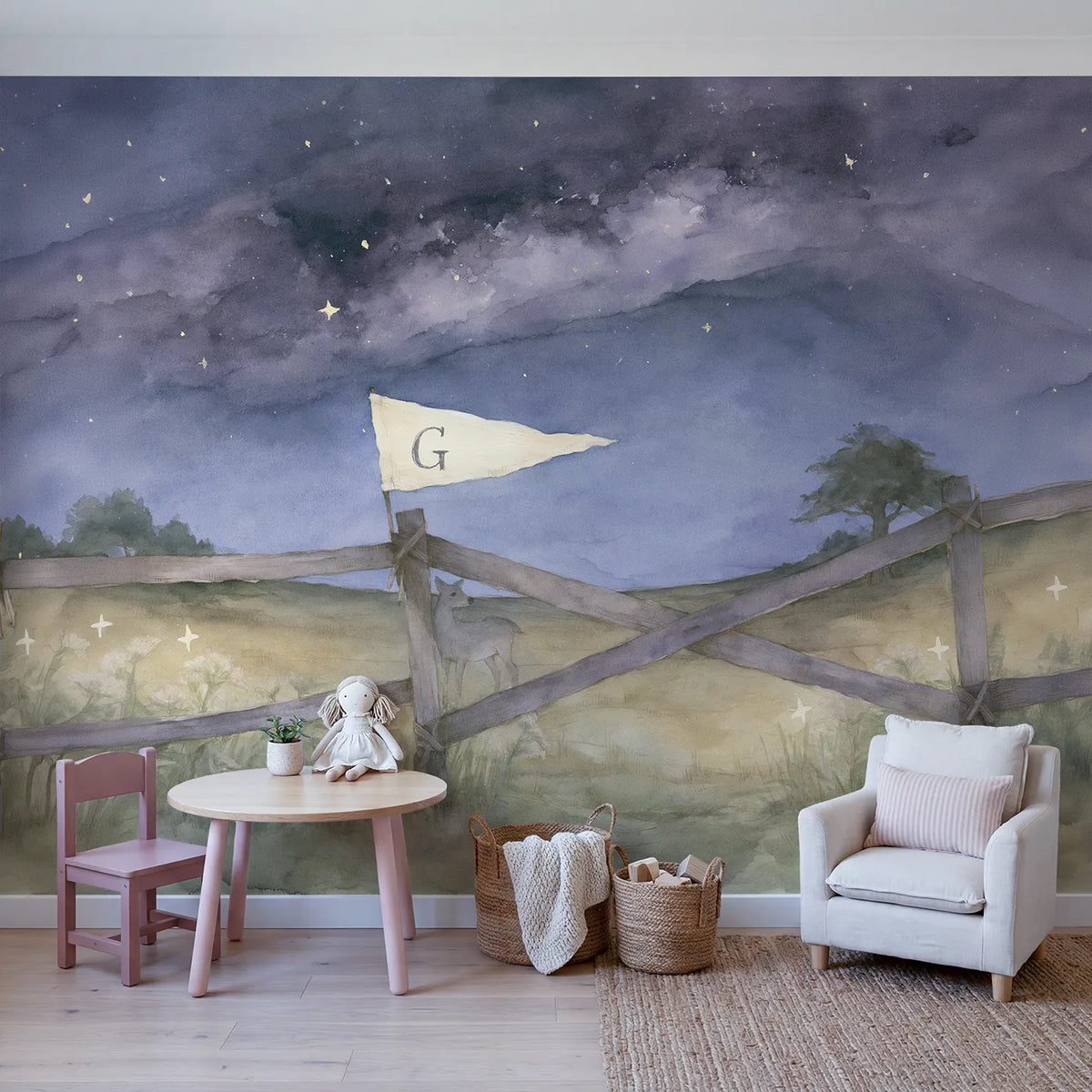 Milky Way Meadow Personalized Wall Mural in playroom setting by Whimsy Tots