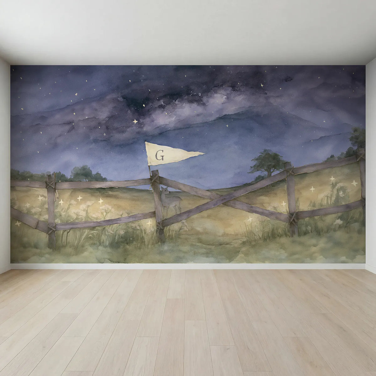 Full view of Milky Way Meadow Personalized Wall Mural by Whimsy Tots