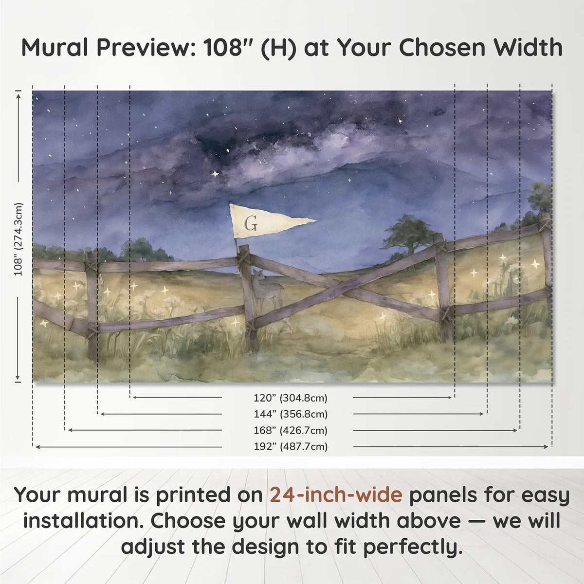 Panel layout and dimensions for Milky Way Meadow Personalized Wall Mural by Whimsy Tots