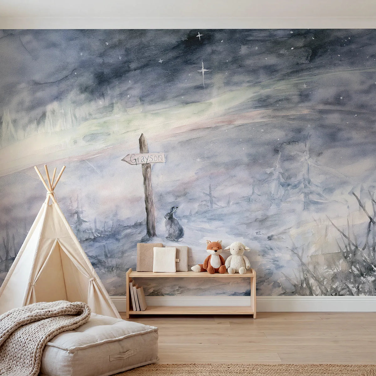 Watercolor northern sky waymarker personalized wall mural with carved brushed post by Whimsy Tots