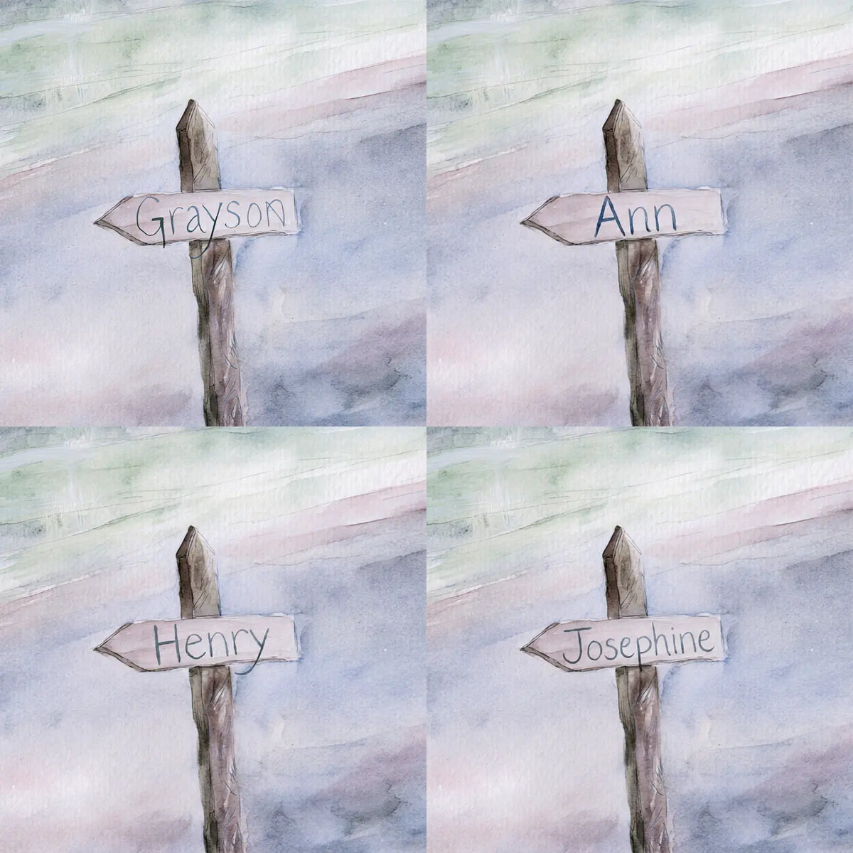 Four name preview examples of Northern Sky Waymarker Personalized Wall Mural by Whimsy Tots