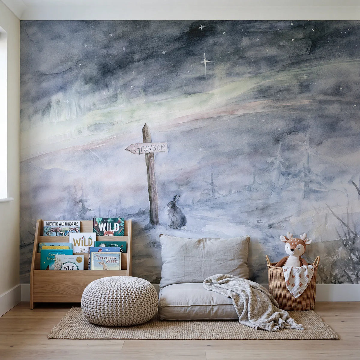 Northern Sky Waymarker Personalized Wall Mural in playroom setting by Whimsy Tots
