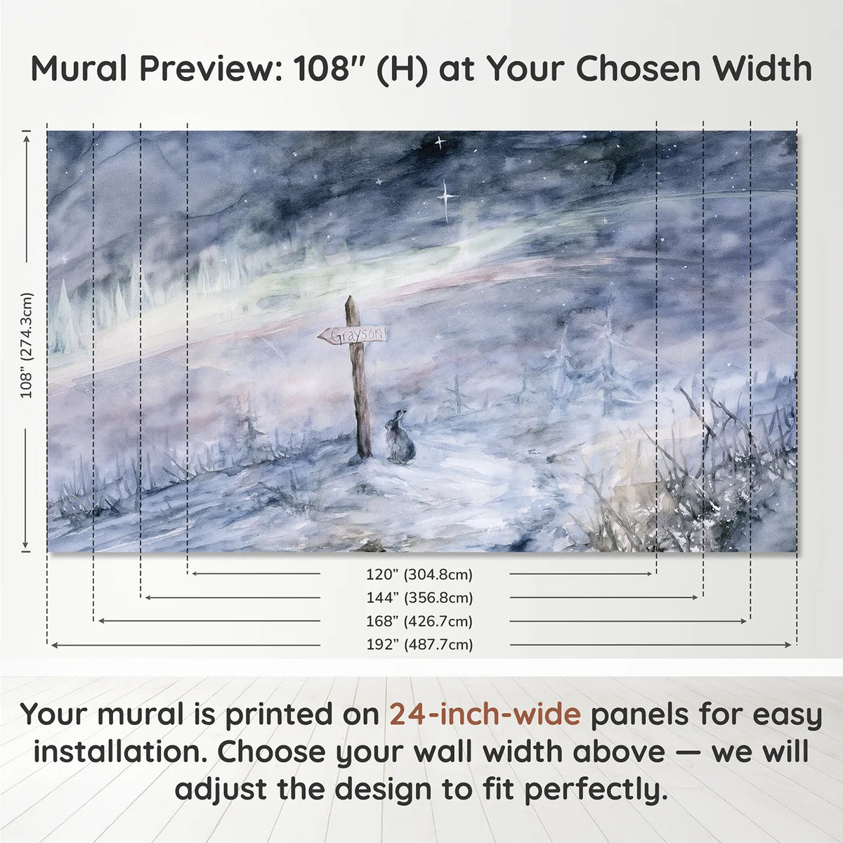 Panel layout and dimensions for Northern Sky Waymarker Personalized Wall Mural by Whimsy Tots