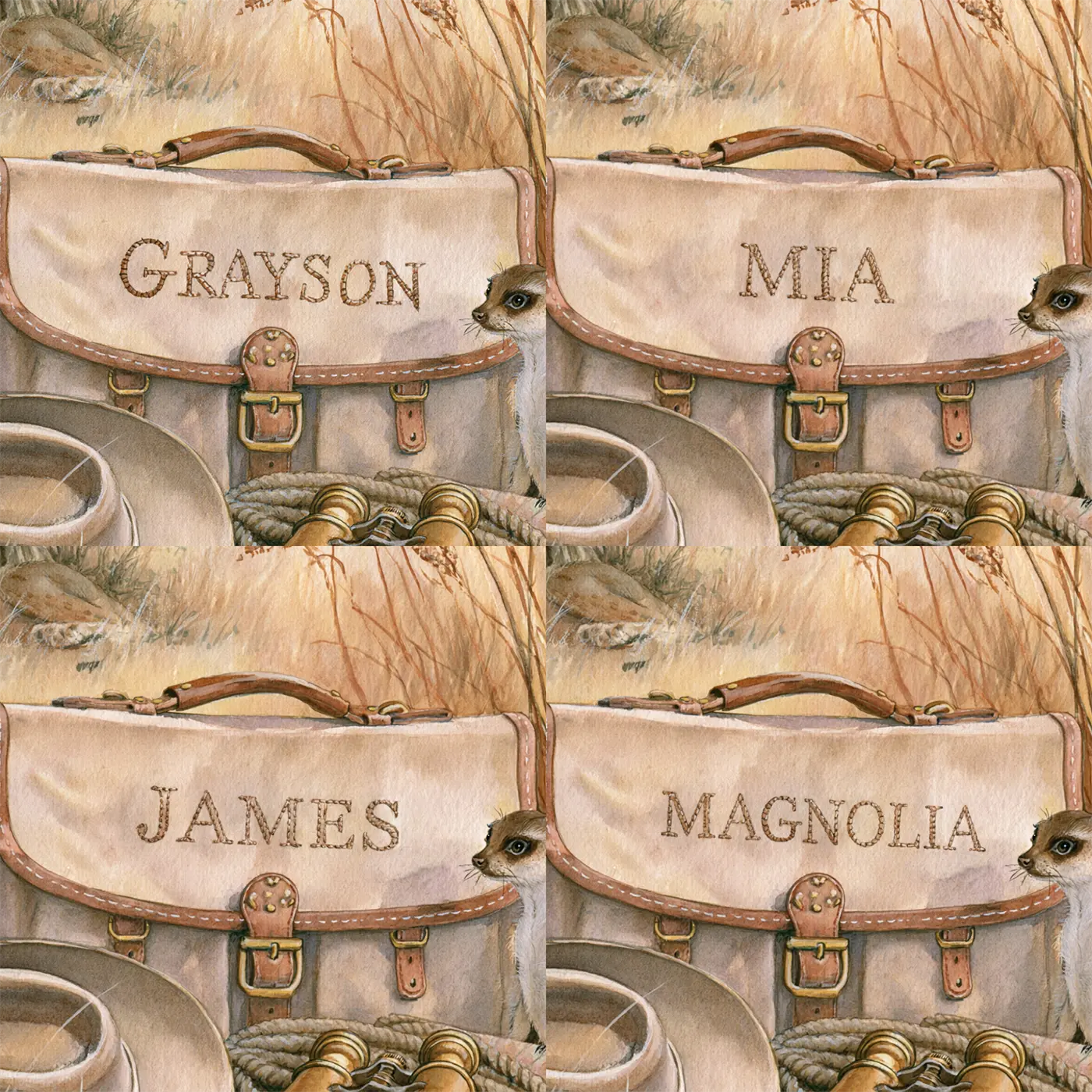 Four name preview examples of Explorer Satchel and Hat Personalized Wall Mural by Whimsy Tots