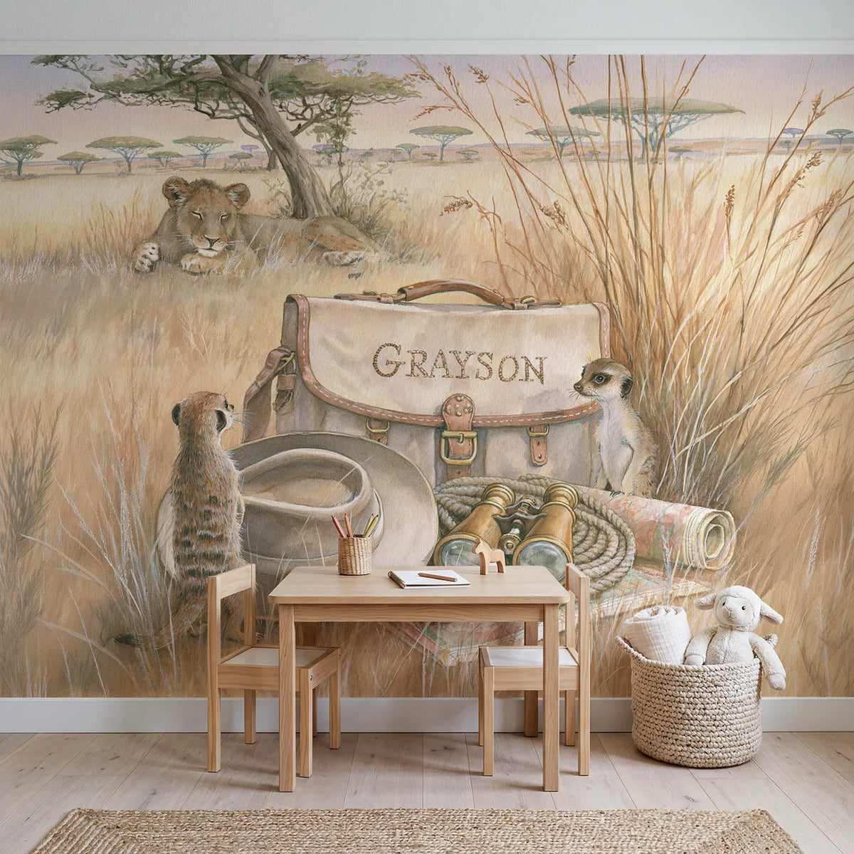 Explorer Satchel and Hat Personalized Wall Mural in playroom setting by Whimsy Tots