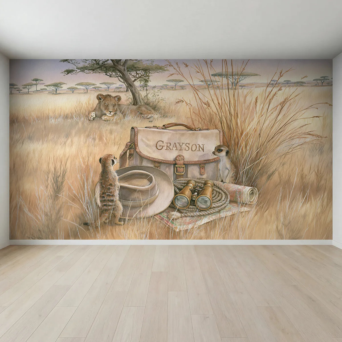 Full view of Explorer Satchel and Hat Personalized Wall Mural by Whimsy Tots