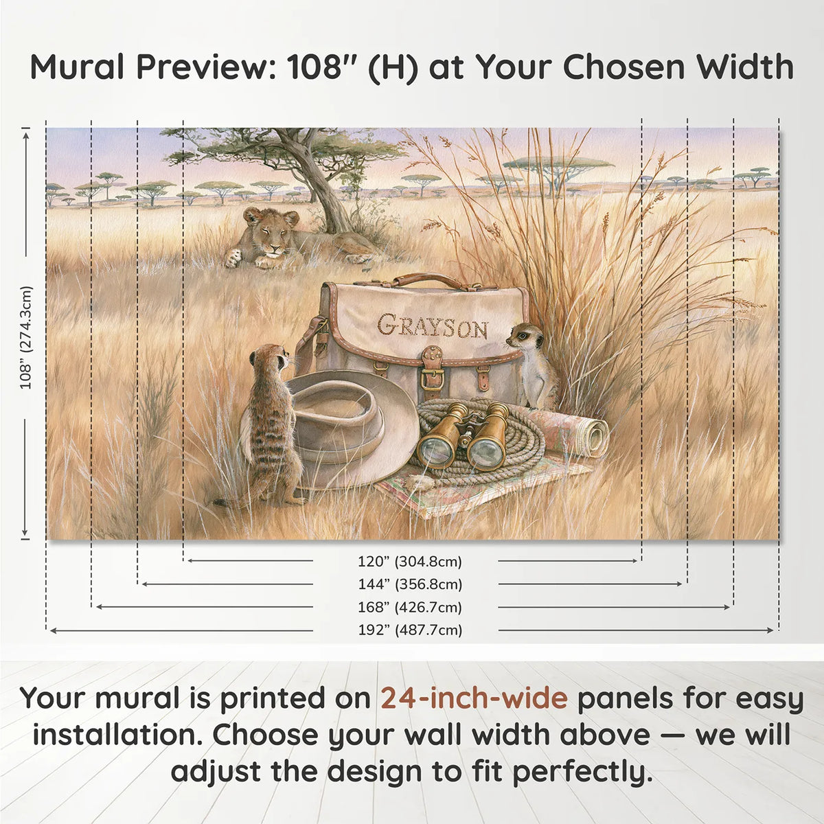 Panel layout and dimensions for Explorer Satchel and Hat Personalized Wall Mural by Whimsy Tots