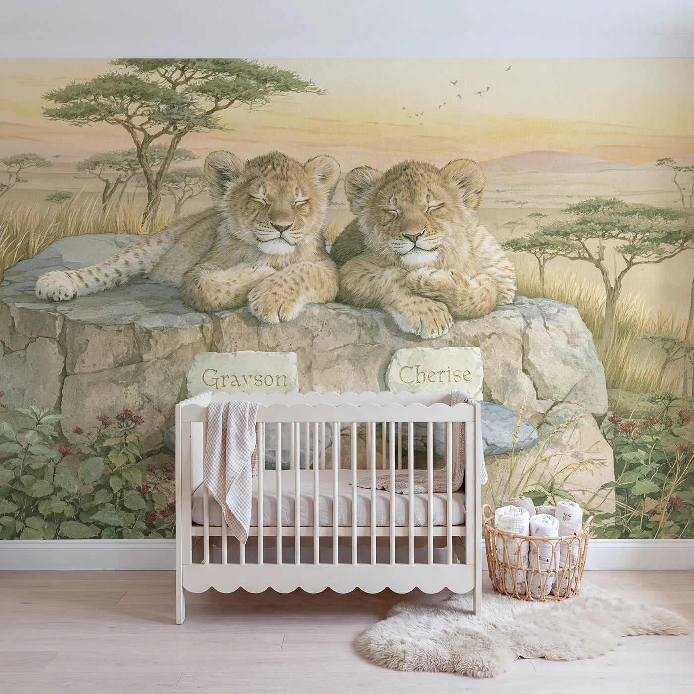 Storybook two lion cubs on rock personalized wall mural with carved sibling stones by Whimsy Tots