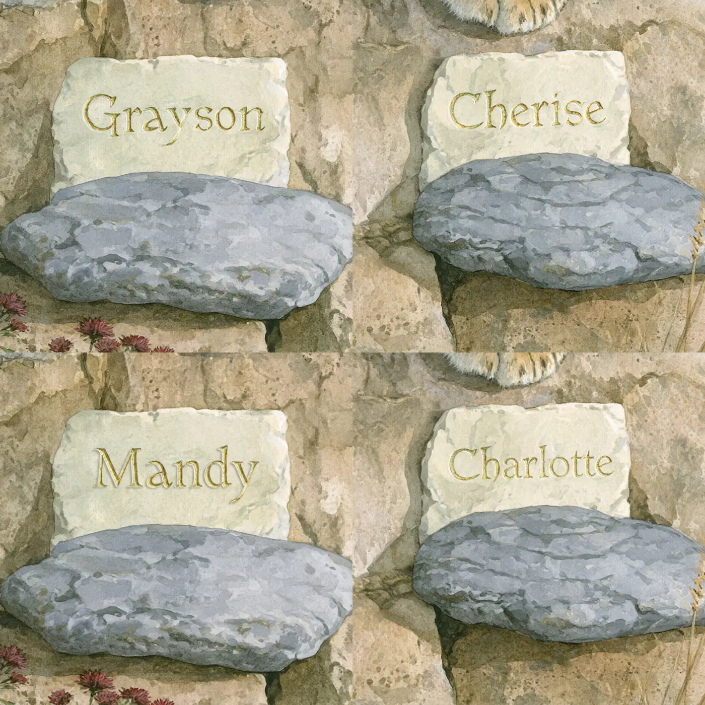 Four name preview examples of Two Lion Cubs on the Rock Personalized Wall Mural by Whimsy Tots
