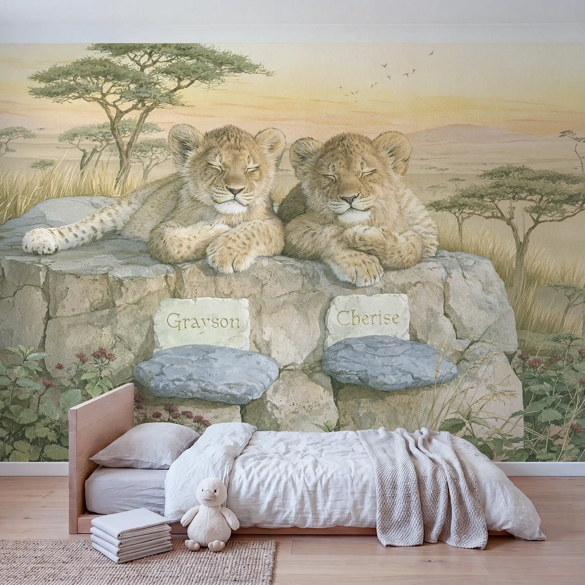 Two Lion Cubs on the Rock Personalized Wall Mural in playroom setting by Whimsy Tots