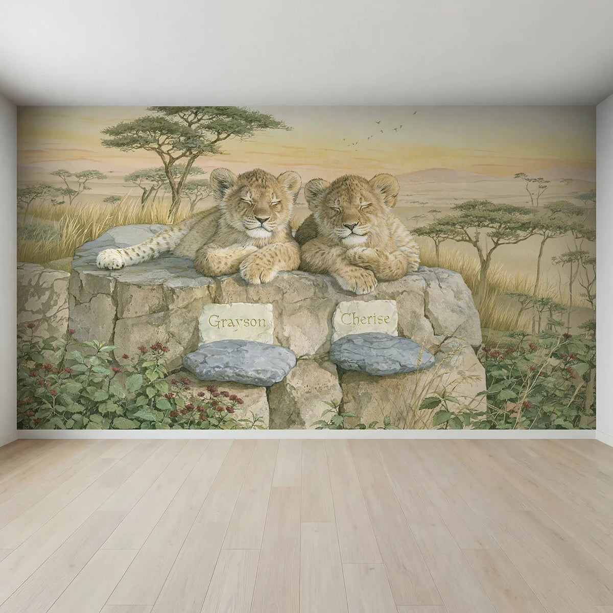 Full view of Two Lion Cubs on the Rock Personalized Wall Mural by Whimsy Tots