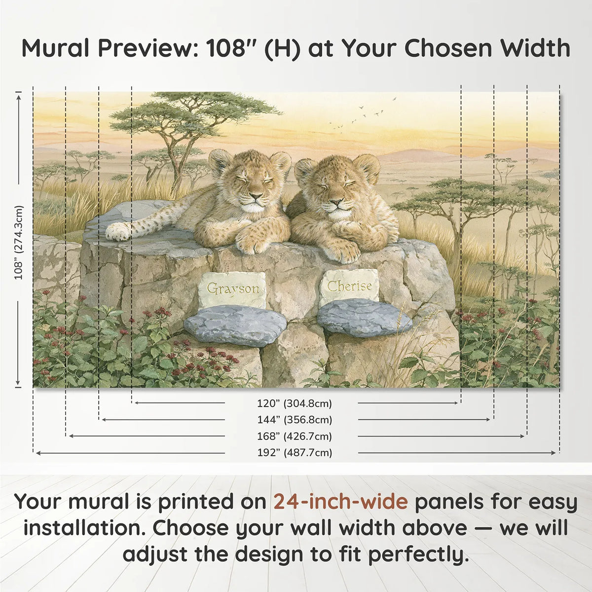 Panel layout and dimensions for Two Lion Cubs on the Rock Personalized Wall Mural by Whimsy Tots