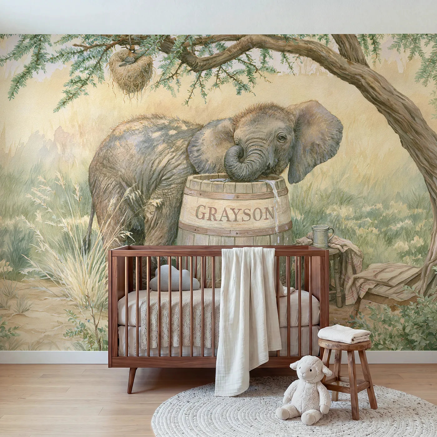 Storybook elephant and water barrel personalized wall mural with lettered middle band by Whimsy Tots