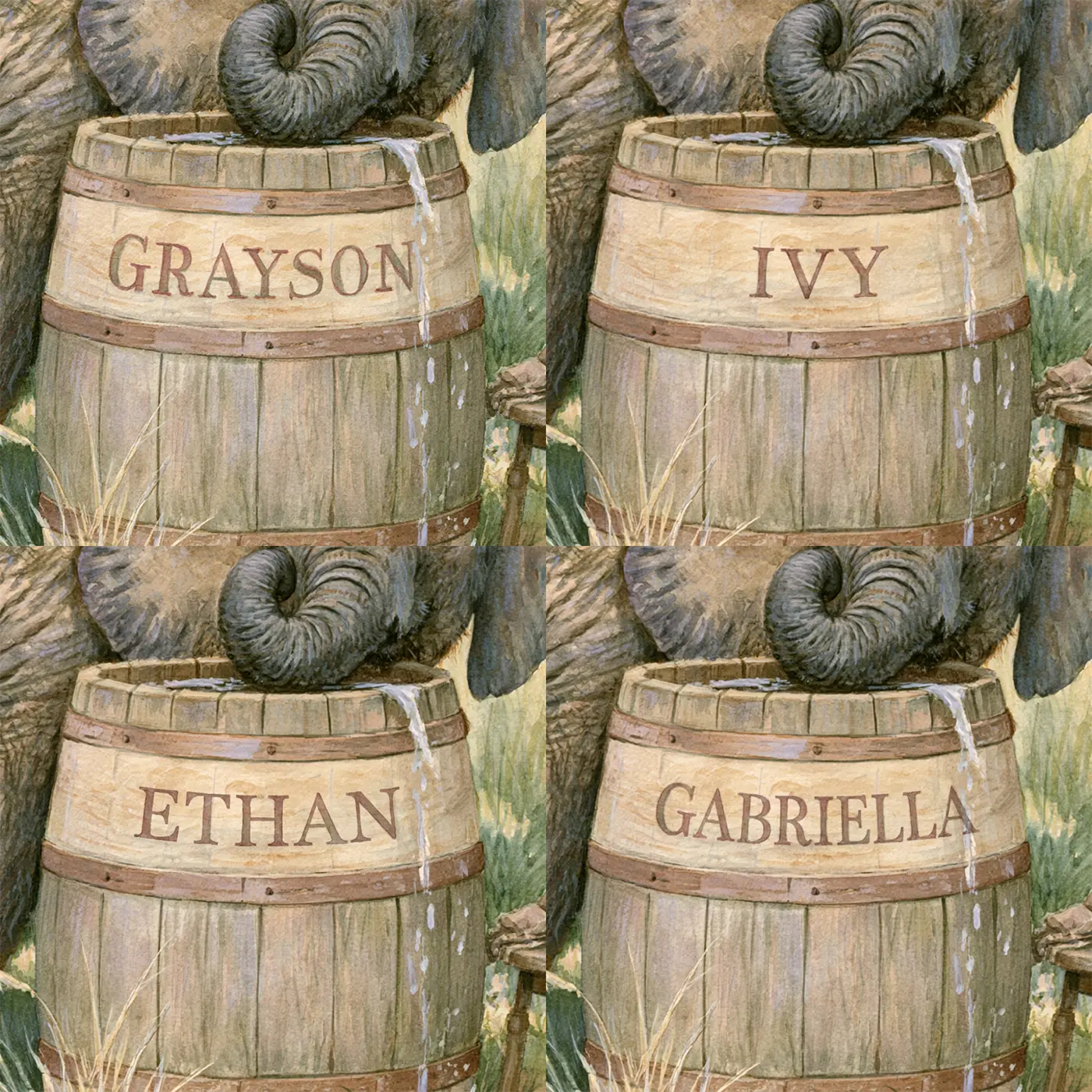 Four name preview examples of Elephant and the Water Barrel Personalized Wall Mural by Whimsy Tots