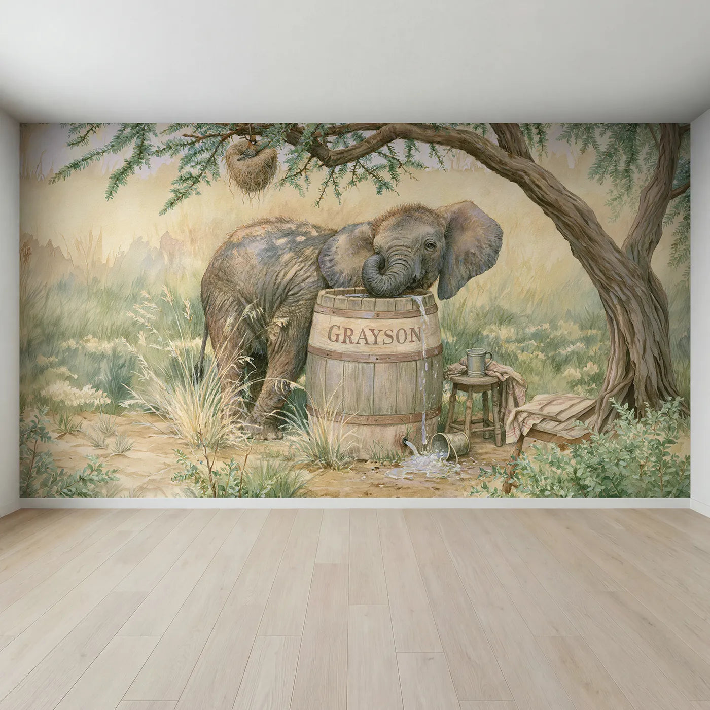 Full view of Elephant and the Water Barrel Personalized Wall Mural by Whimsy Tots