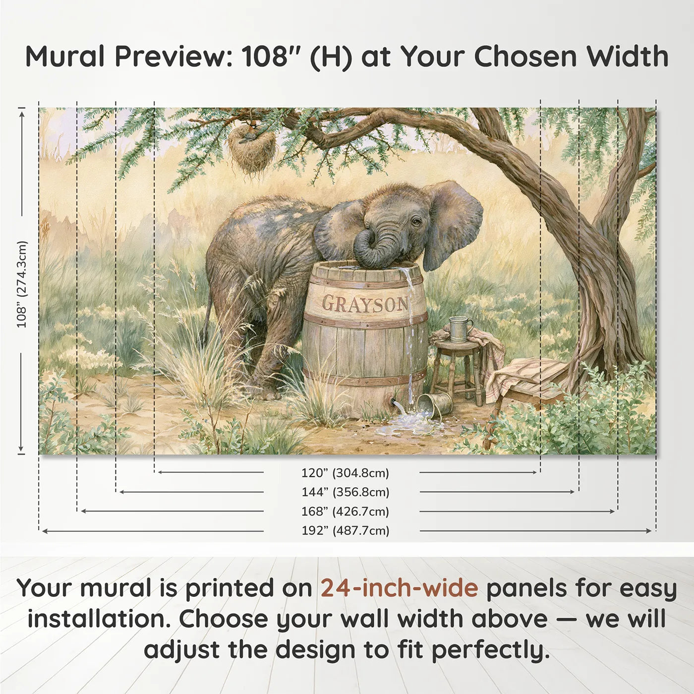 Panel layout and dimensions for Elephant and the Water Barrel Personalized Wall Mural by Whimsy Tots