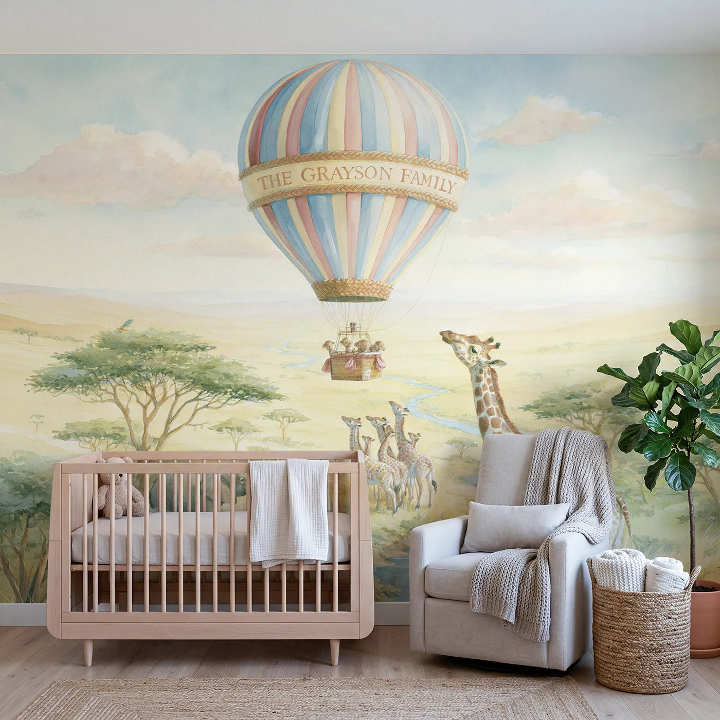 Storybook family safari balloon personalized wall mural with woven basket rim band by Whimsy Tots