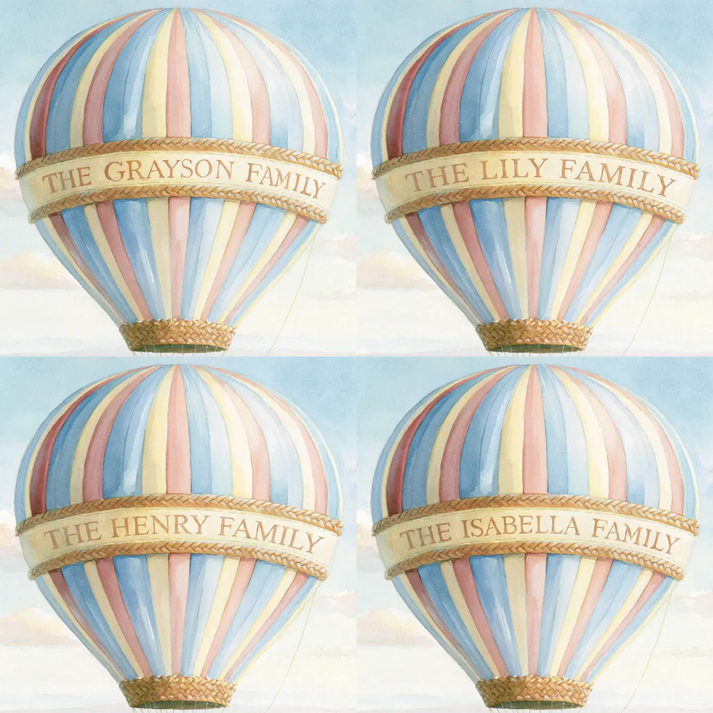 Four name preview examples of Family Safari Balloon Personalized Wall Mural by Whimsy Tots