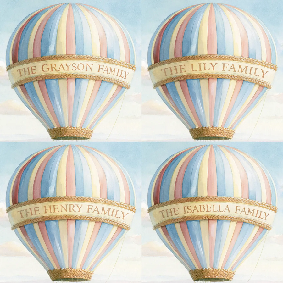 Four name preview examples of Family Safari Balloon Personalized Wall Mural by Whimsy Tots