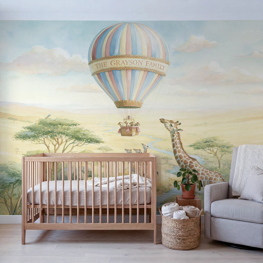 Family Safari Balloon Personalized Wall Mural in playroom setting by Whimsy Tots