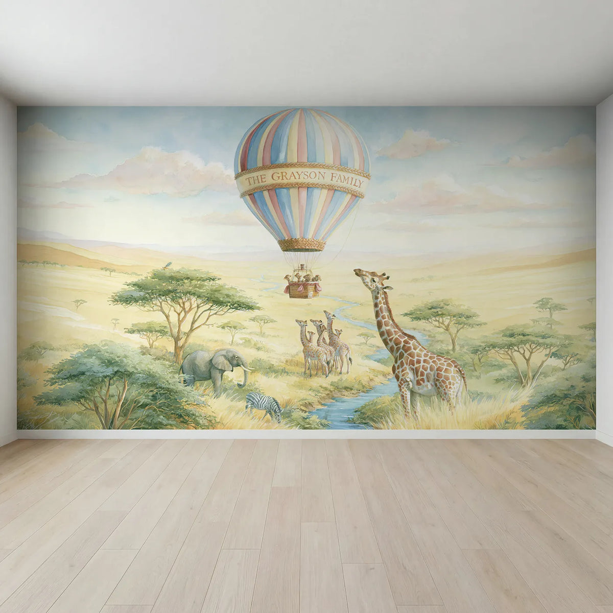 Full view of Family Safari Balloon Personalized Wall Mural by Whimsy Tots