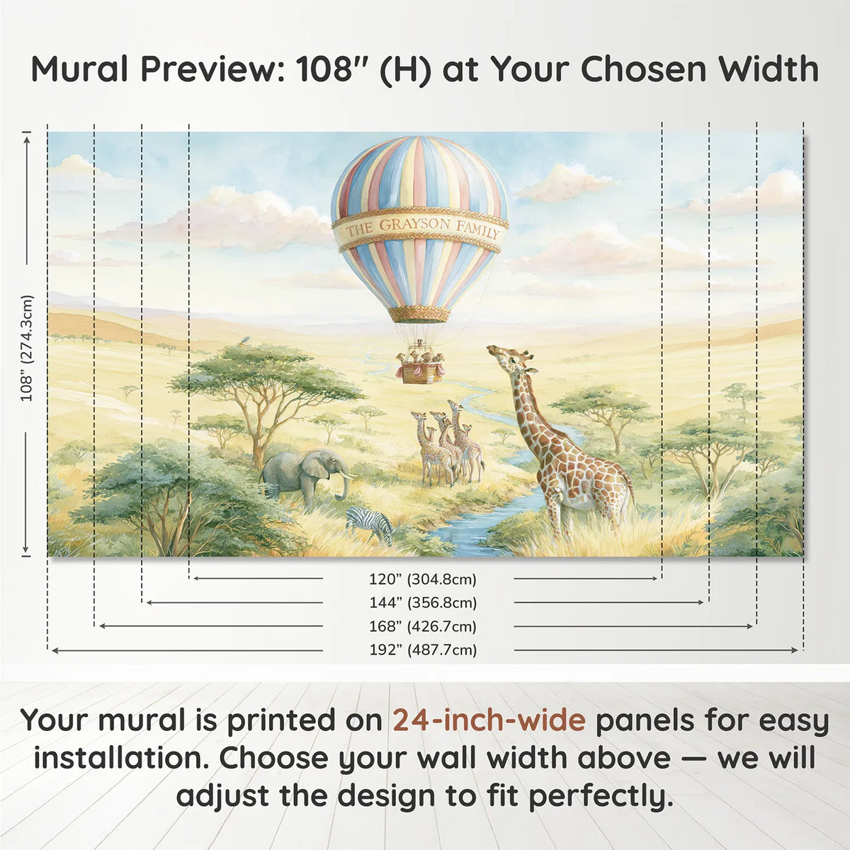 Panel layout and dimensions for Family Safari Balloon Personalized Wall Mural by Whimsy Tots