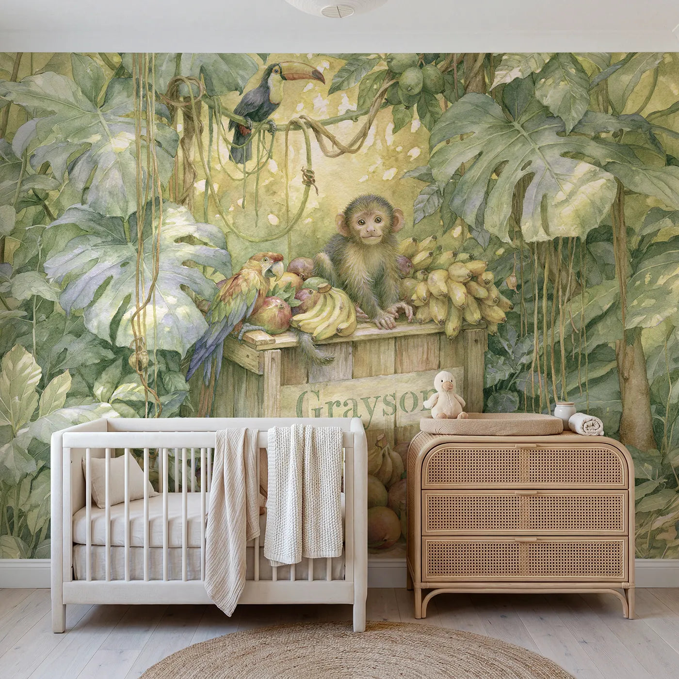 Storybook monkey and fruit crate personalized wall mural with stencilled front board by Whimsy Tots