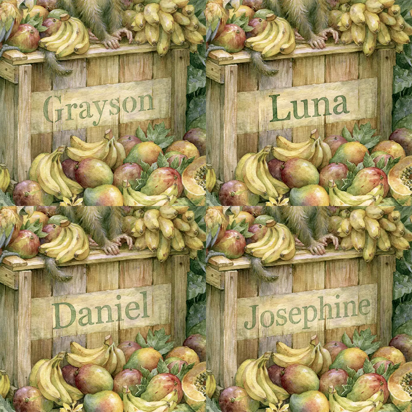 Four name preview examples of Monkey and the Fruit Crate Personalized Wall Mural by Whimsy Tots
