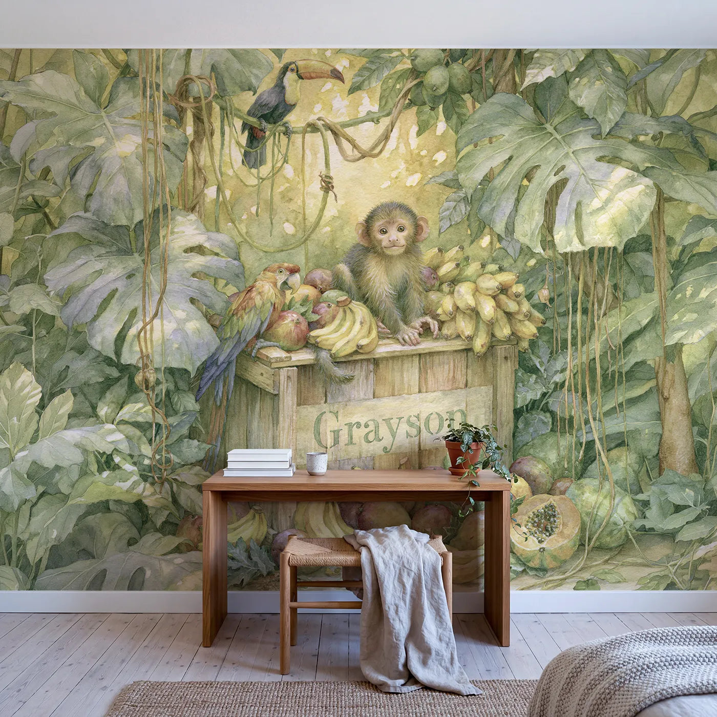 Monkey and the Fruit Crate Personalized Wall Mural in playroom setting by Whimsy Tots