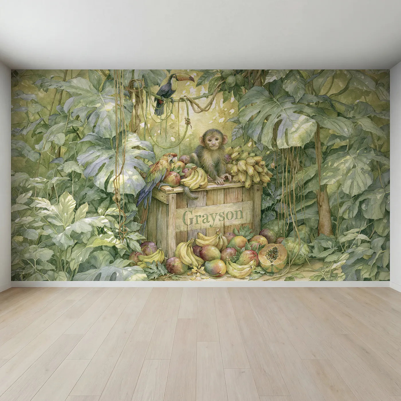 Full view of Monkey and the Fruit Crate Personalized Wall Mural by Whimsy Tots
