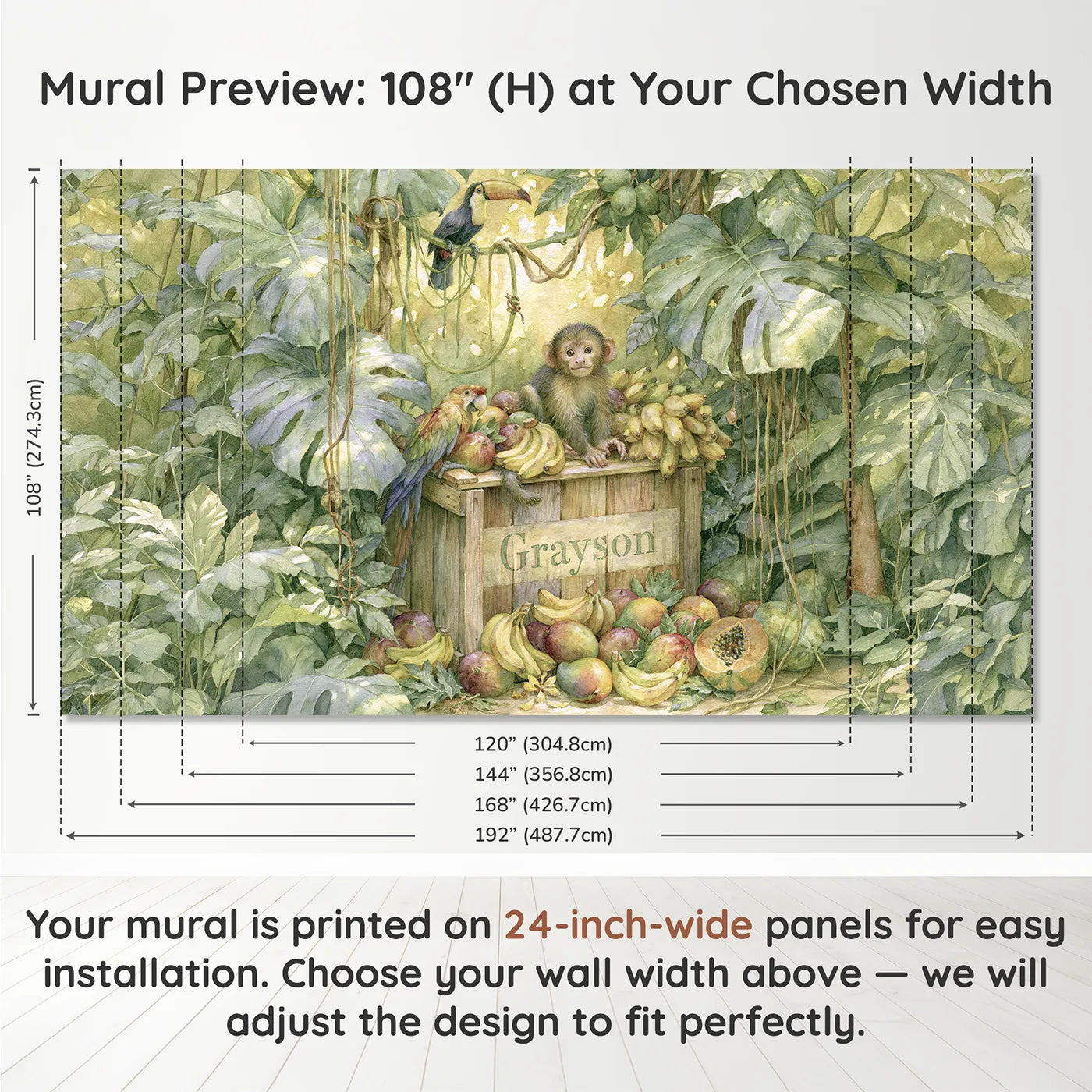 Panel layout and dimensions for Monkey and the Fruit Crate Personalized Wall Mural by Whimsy Tots