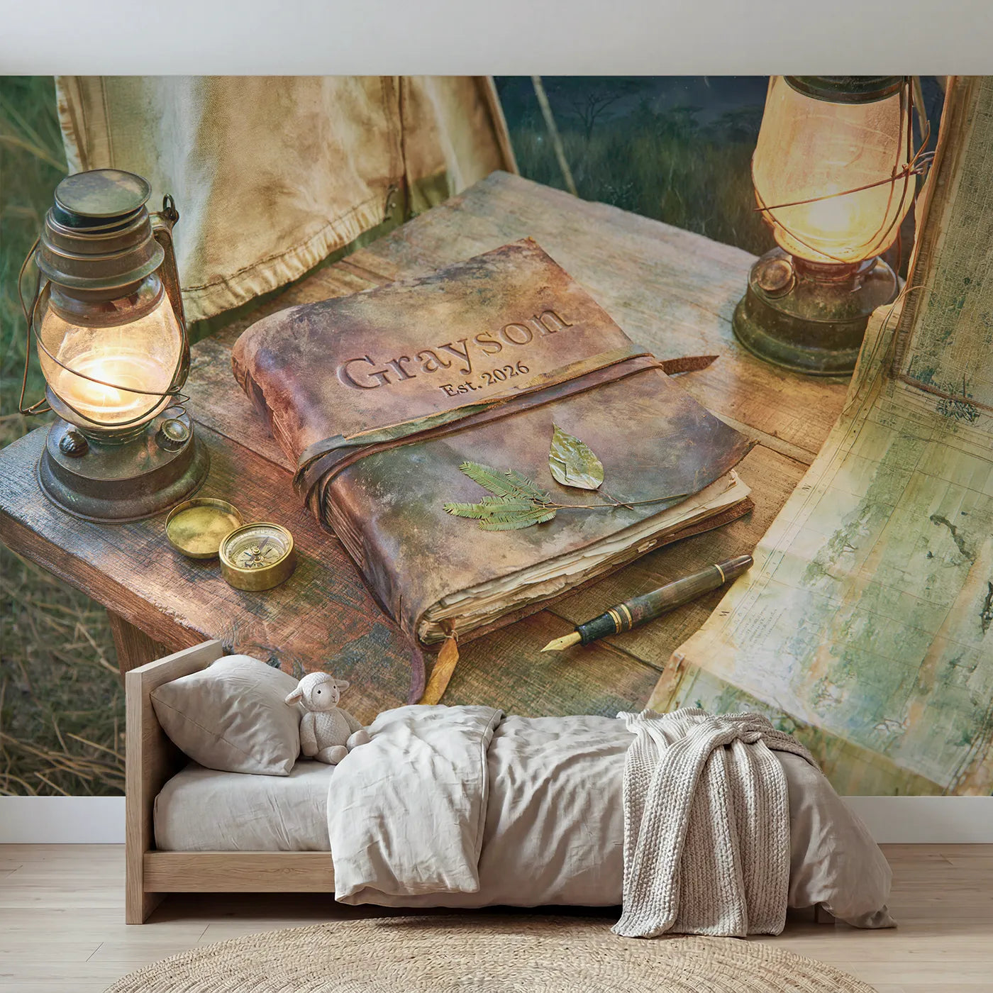 Watercolor field journal keepsake personalized wall mural with embossed leather cover by Whimsy Tots