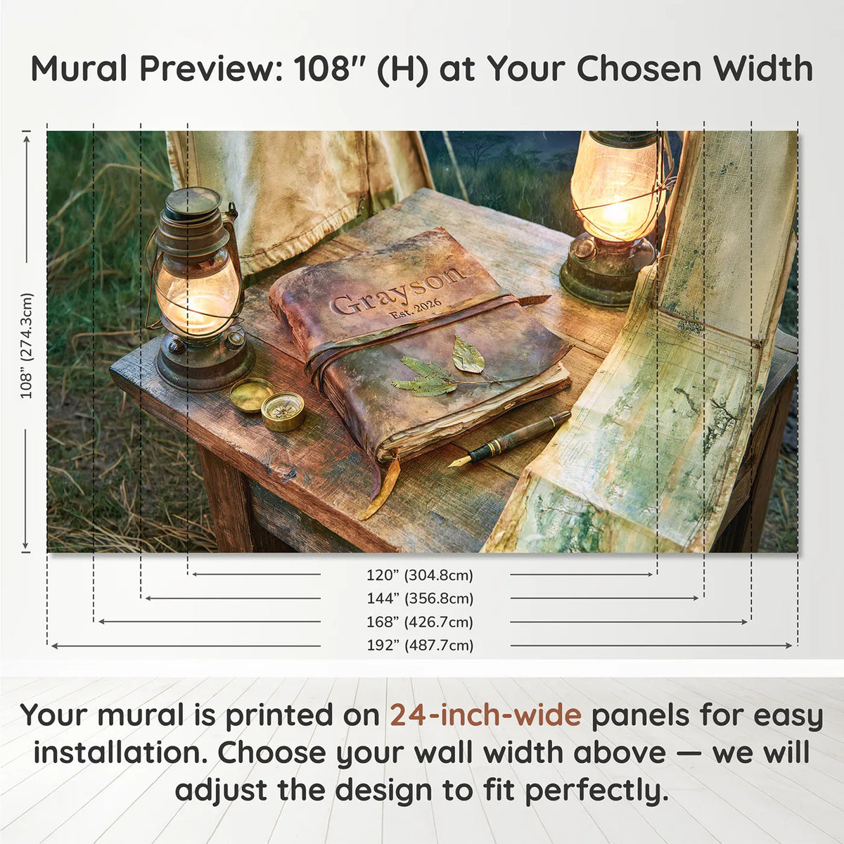 Panel layout and dimensions for Field Journal Keepsake Personalized Wall Mural by Whimsy Tots