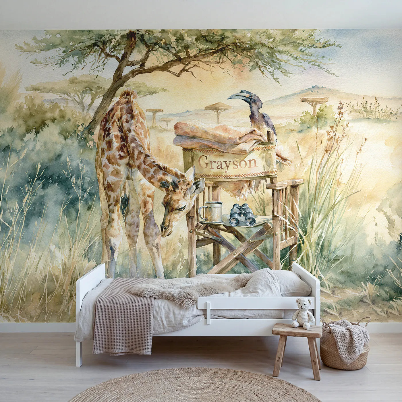 Watercolor giraffe and camp blanket personalized wall mural with woven edge band by Whimsy Tots