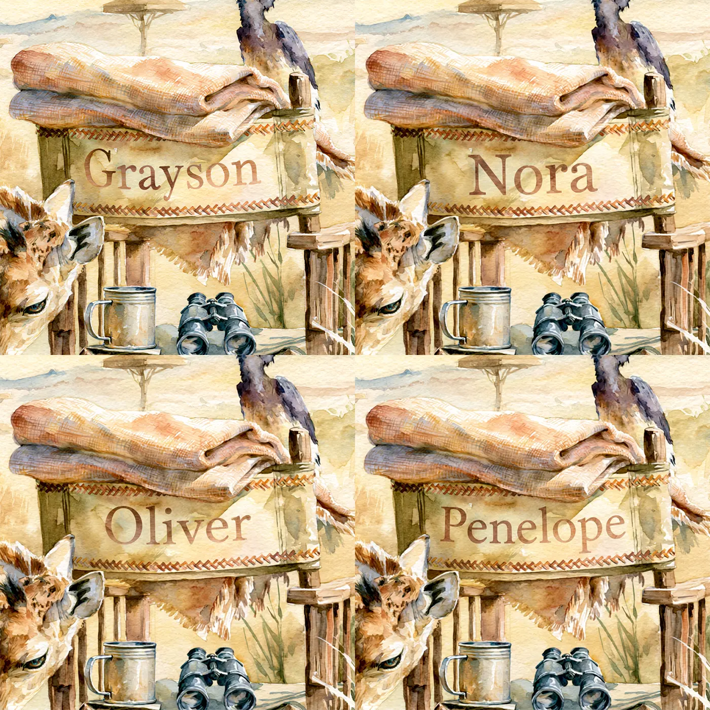 Four name preview examples of Giraffe and the Woven Blanket Personalized Wall Mural by Whimsy Tots