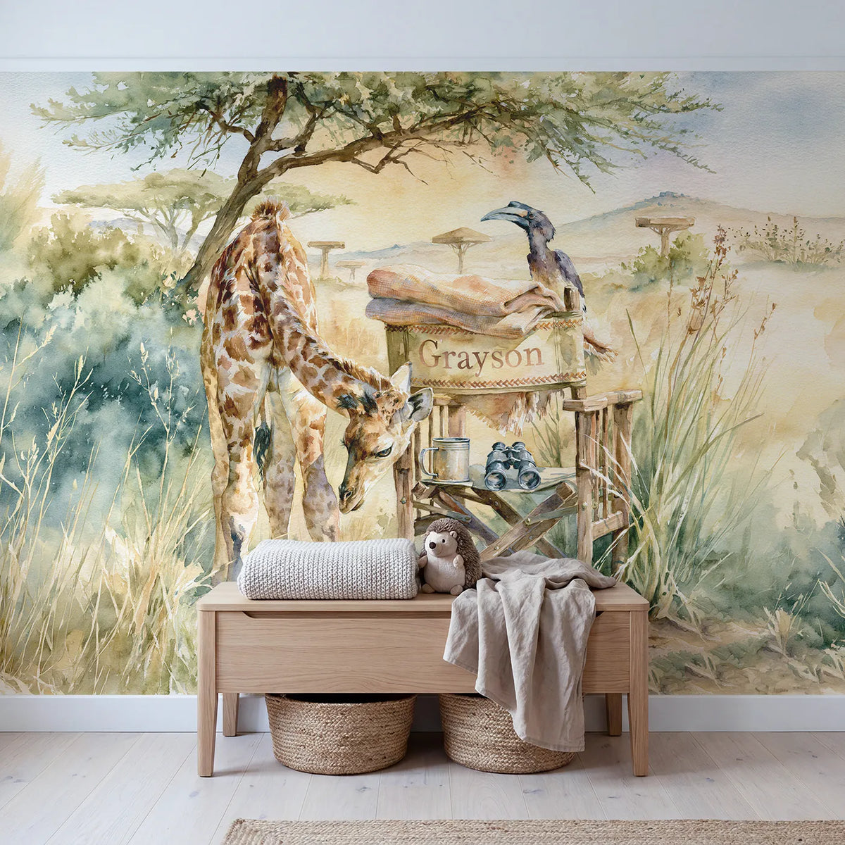 Giraffe and the Woven Blanket Personalized Wall Mural in playroom setting by Whimsy Tots