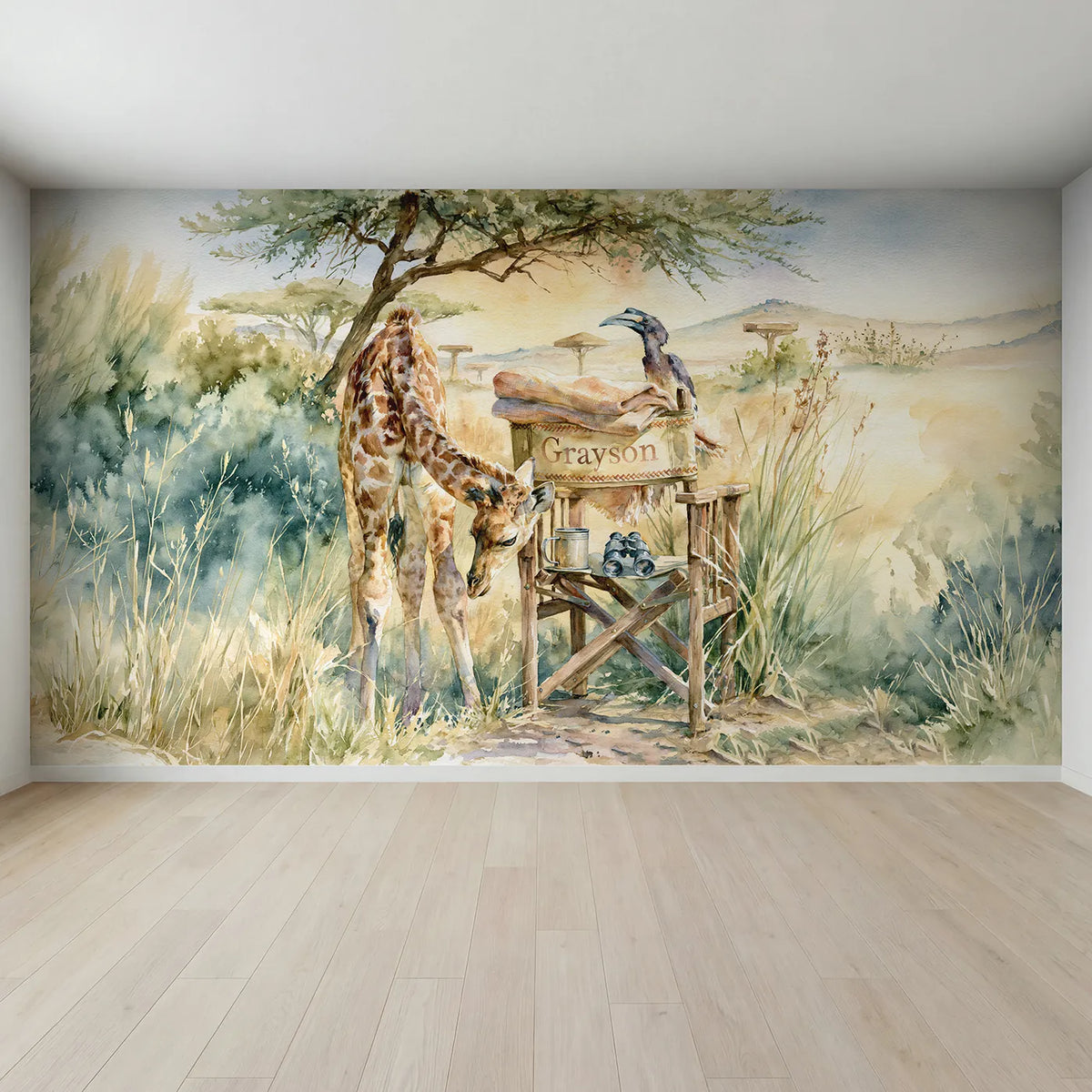 Full view of Giraffe and the Woven Blanket Personalized Wall Mural by Whimsy Tots