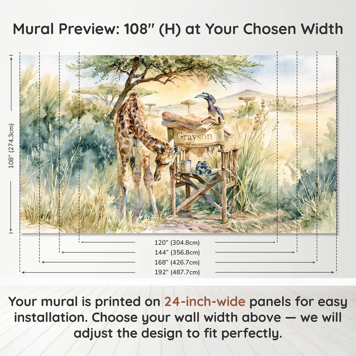Panel layout and dimensions for Giraffe and the Woven Blanket Personalized Wall Mural by Whimsy Tots