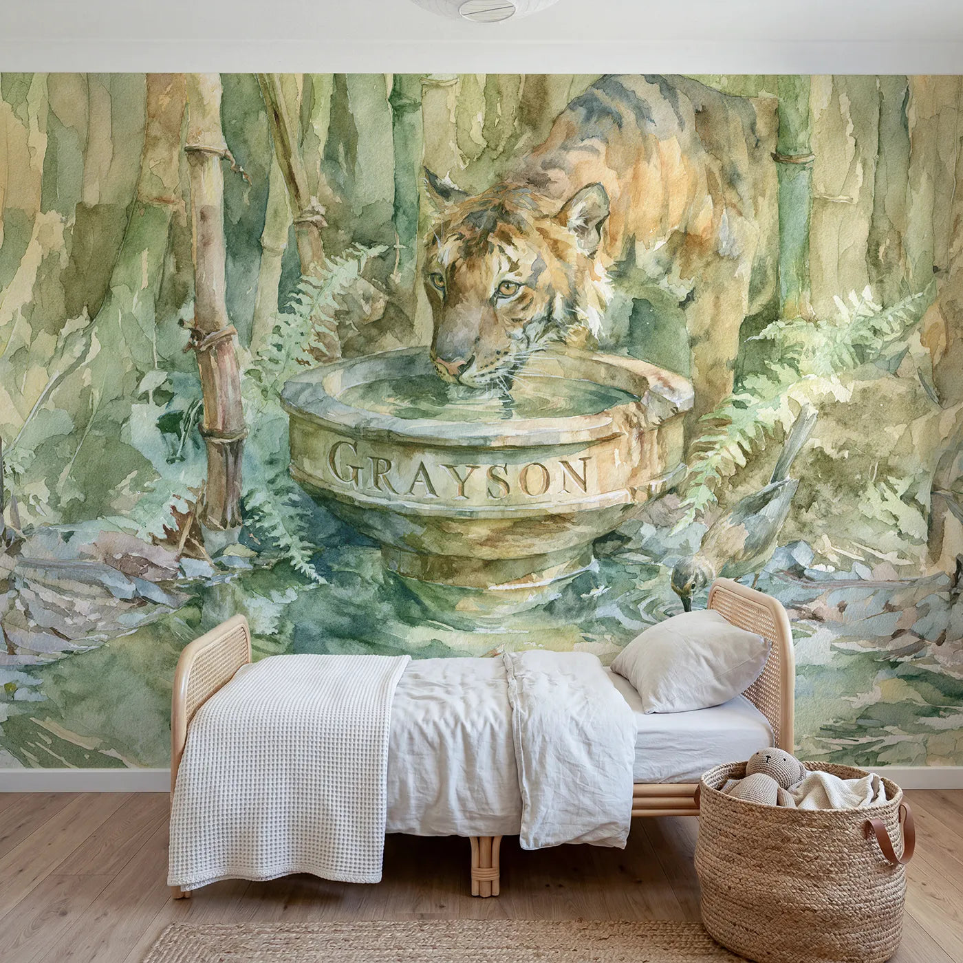 Watercolor tiger and wooden bowl personalized wall mural with carved broad rim by Whimsy Tots