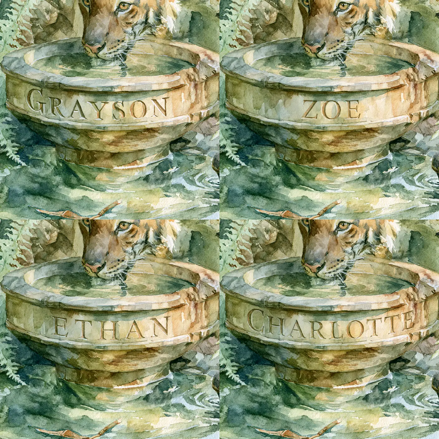 Four name preview examples of Tiger and the Carved Bowl Personalized Wall Mural by Whimsy Tots