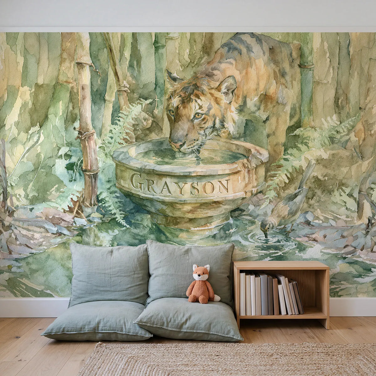 Tiger and the Carved Bowl Personalized Wall Mural in playroom setting by Whimsy Tots