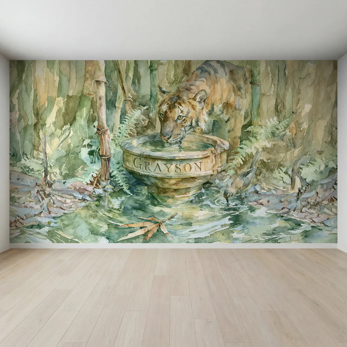 Full view of Tiger and the Carved Bowl Personalized Wall Mural by Whimsy Tots