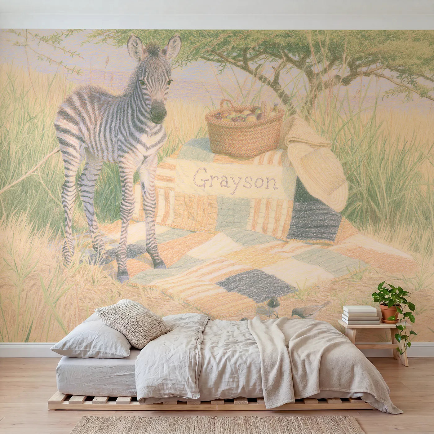 Colored pencil zebra and striped quilt personalized wall mural with embroidered corner by Whimsy Tots