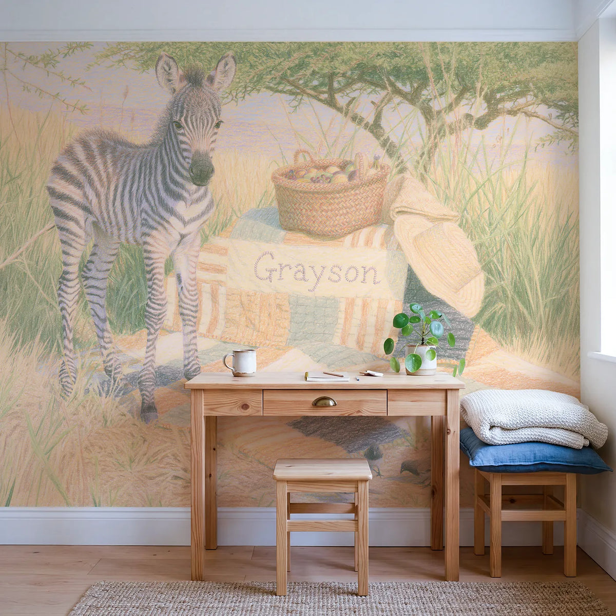 Zebra and the Striped Quilt Personalized Wall Mural in playroom setting by Whimsy Tots