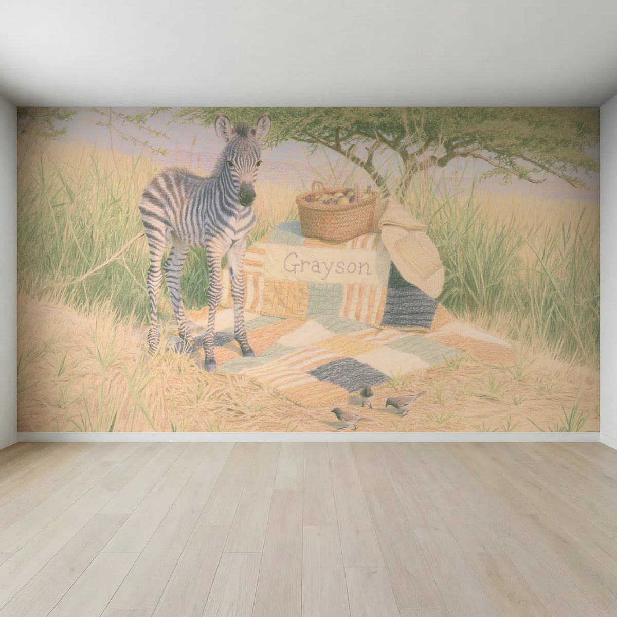 Full view of Zebra and the Striped Quilt Personalized Wall Mural by Whimsy Tots