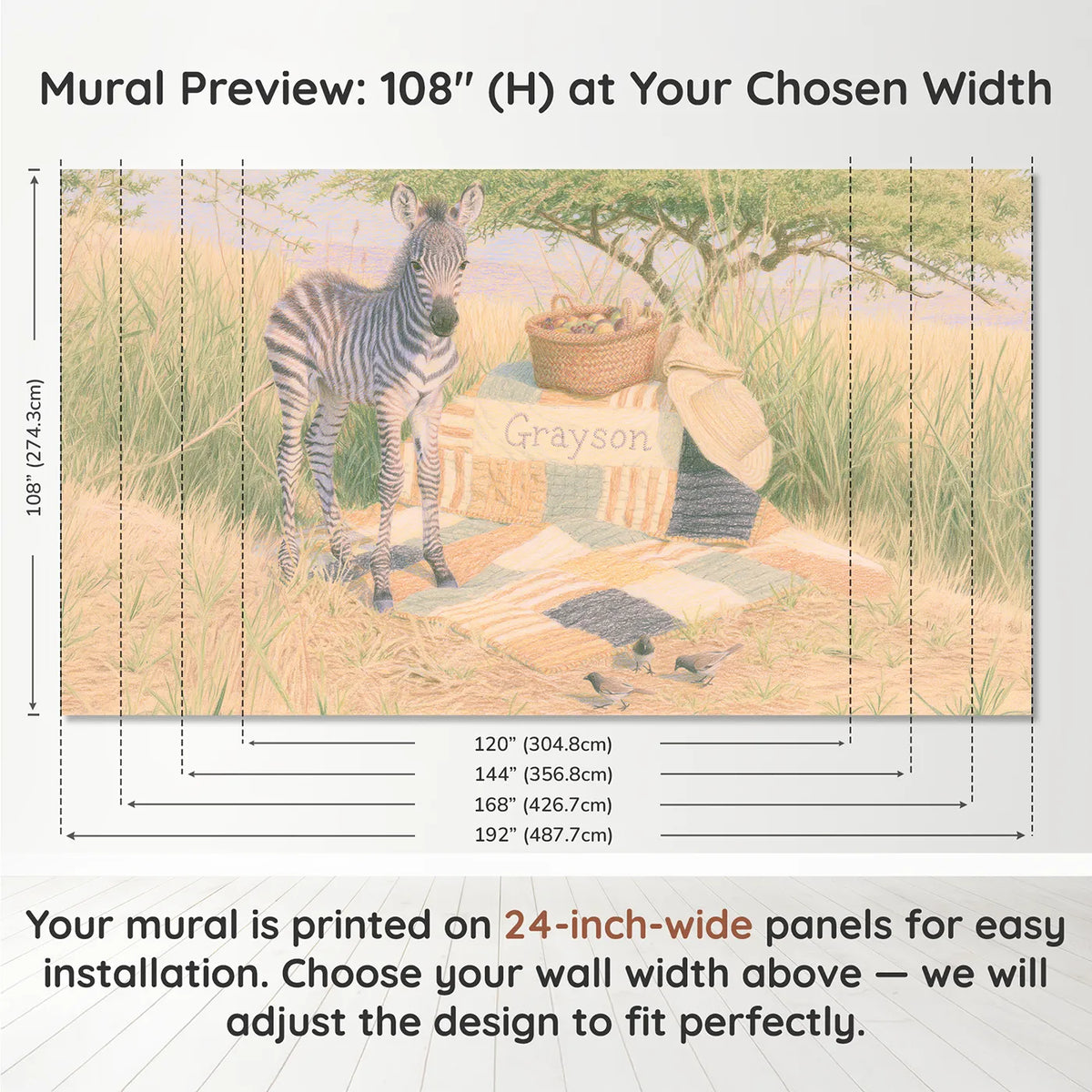 Panel layout and dimensions for Zebra and the Striped Quilt Personalized Wall Mural by Whimsy Tots