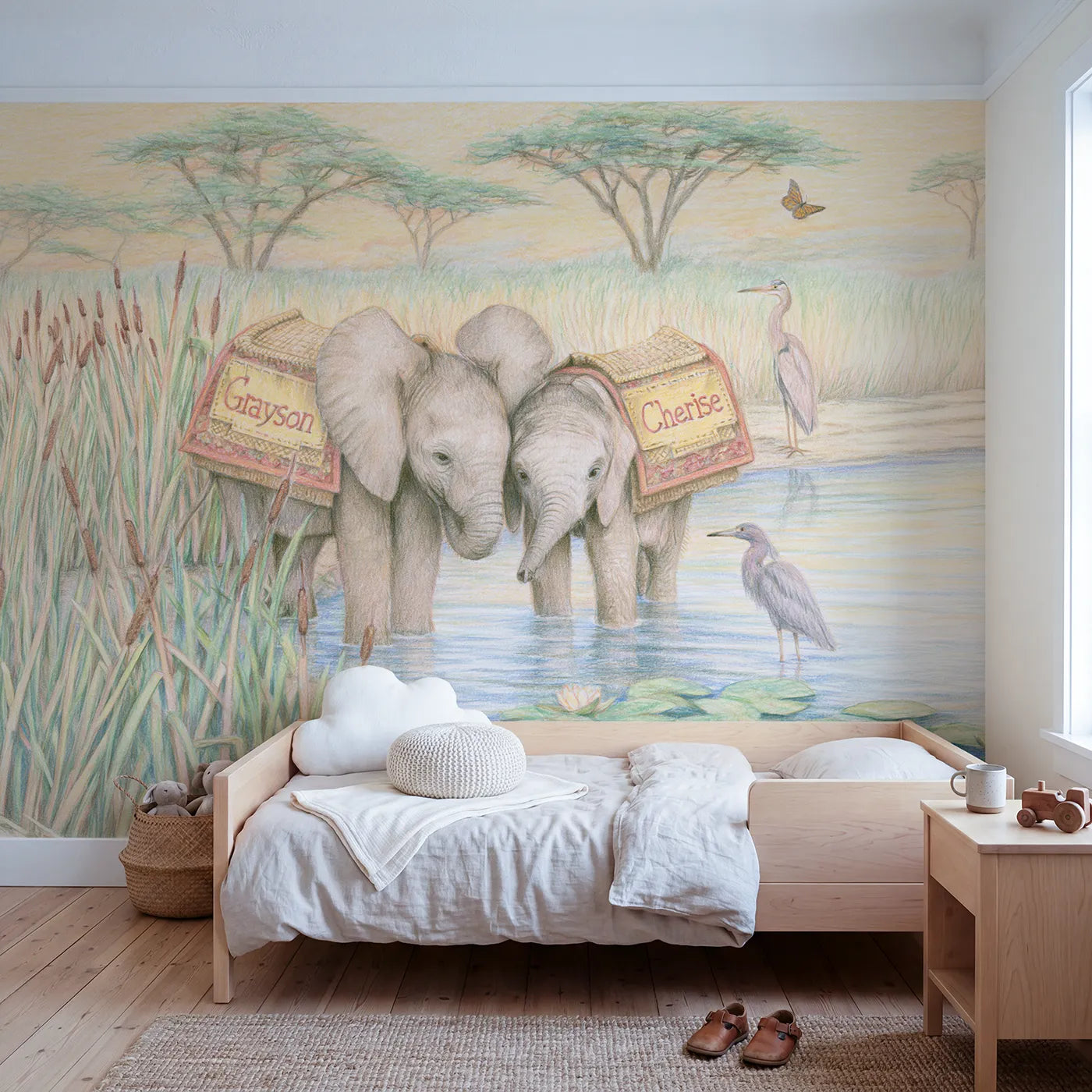 Colored pencil two elephant calves personalized wall mural with embroidered saddle cloths by Whimsy Tots